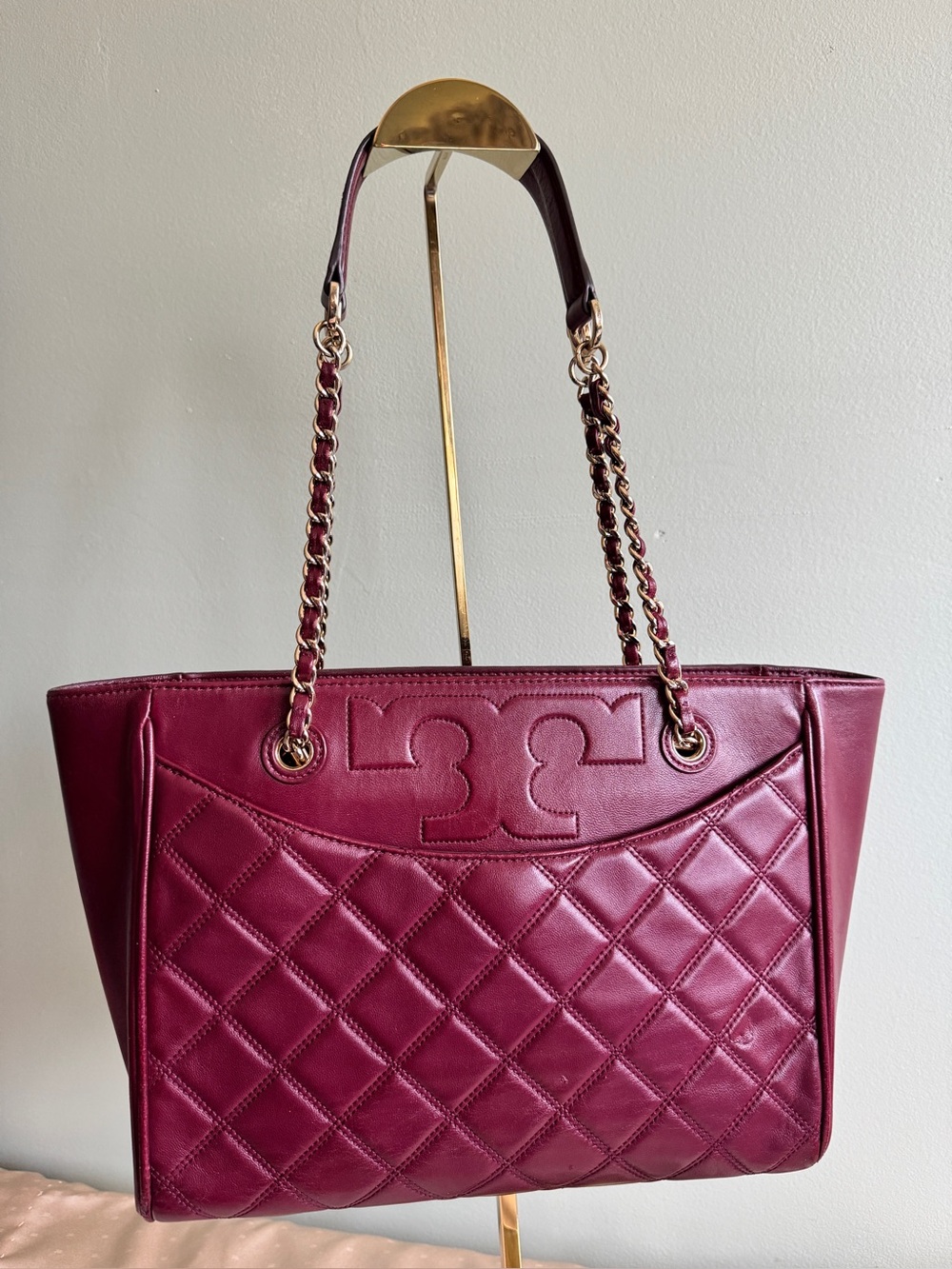 Tory Burch Quilted Leather Tote Shoulder Bag in Burgundy
